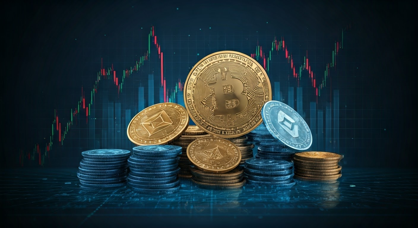 Vibrant digital art of crypto market cap landscape